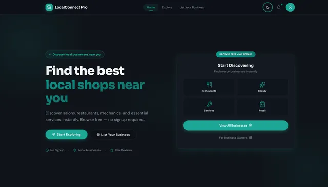 LocalConnect Pro homepage — dark mode